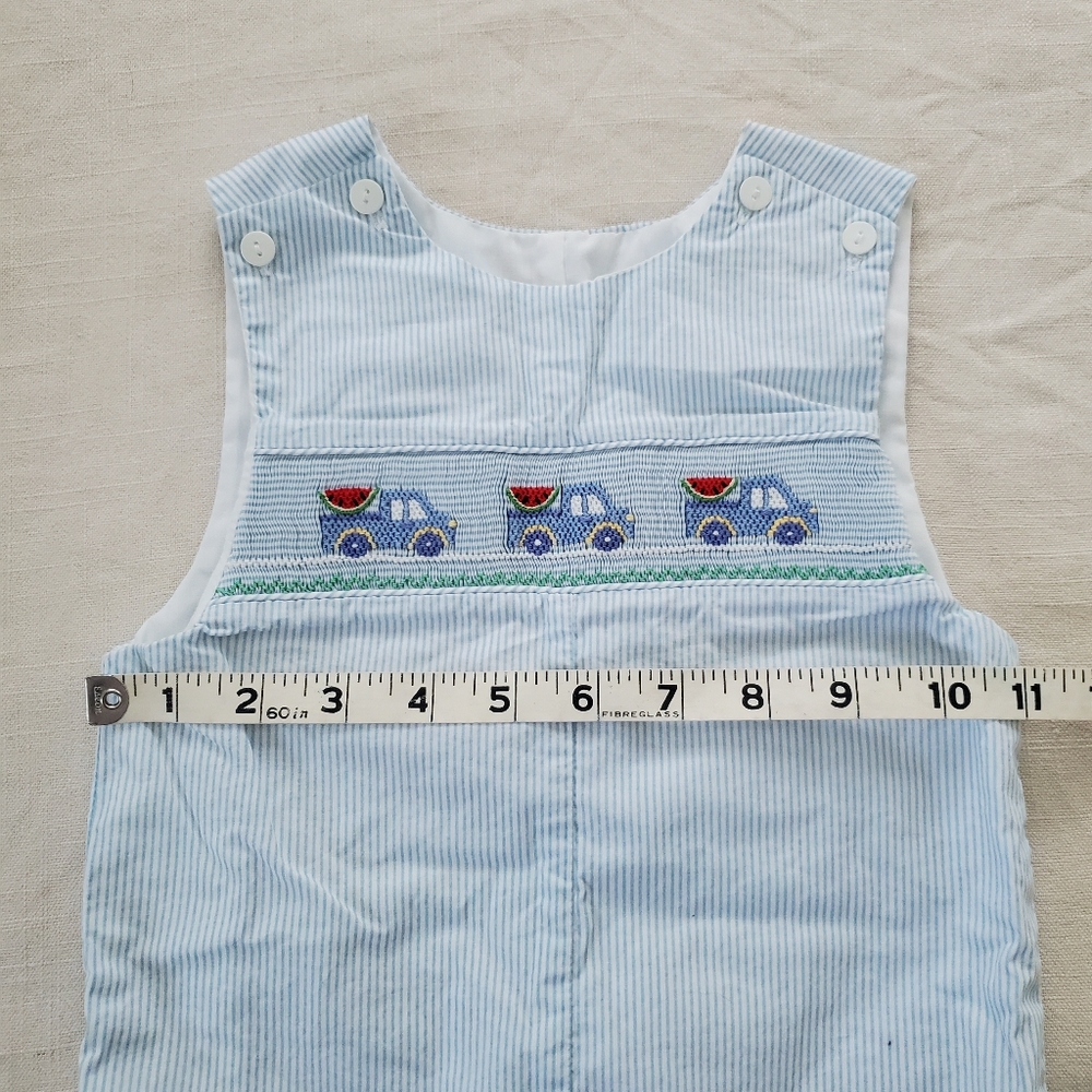 Petit Bebe Smocked Jon Jon Watermelon Trucks Blue Striped 24 Months Baby Boy - Picture 4 of 7